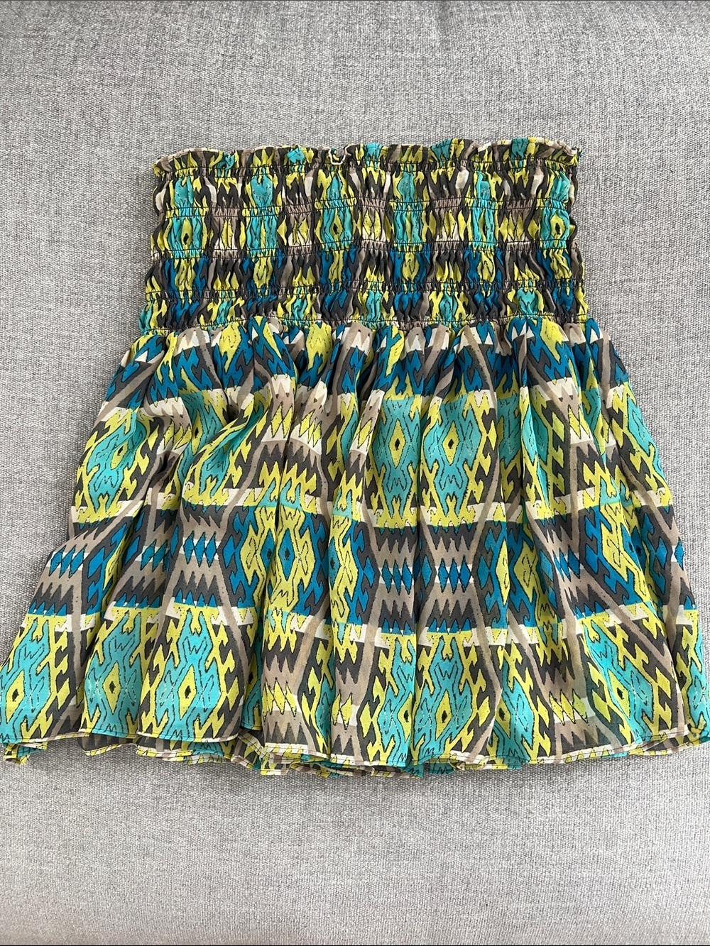 Women's Smocked Mini Skirt in Teal & Yellow Geometric Print